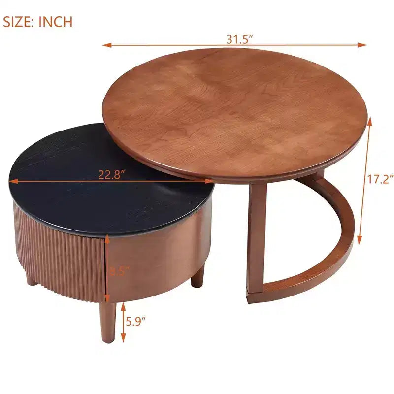 Set di 2 tavolini da caffè rotondi impilabili neri e noce con cassetto
