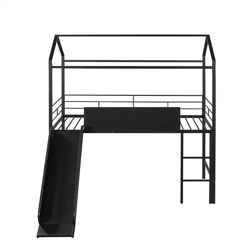Letto a soppalco matrimoniale in metallo con scivolo e lavagna scrivibile - Nero / Nero+Rosso / Bianco – 1 bambino