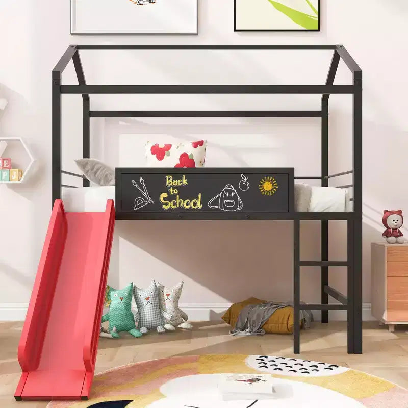 Letto a soppalco matrimoniale in metallo con scivolo e lavagna scrivibile - Nero / Nero+Rosso / Bianco – 1 bambino