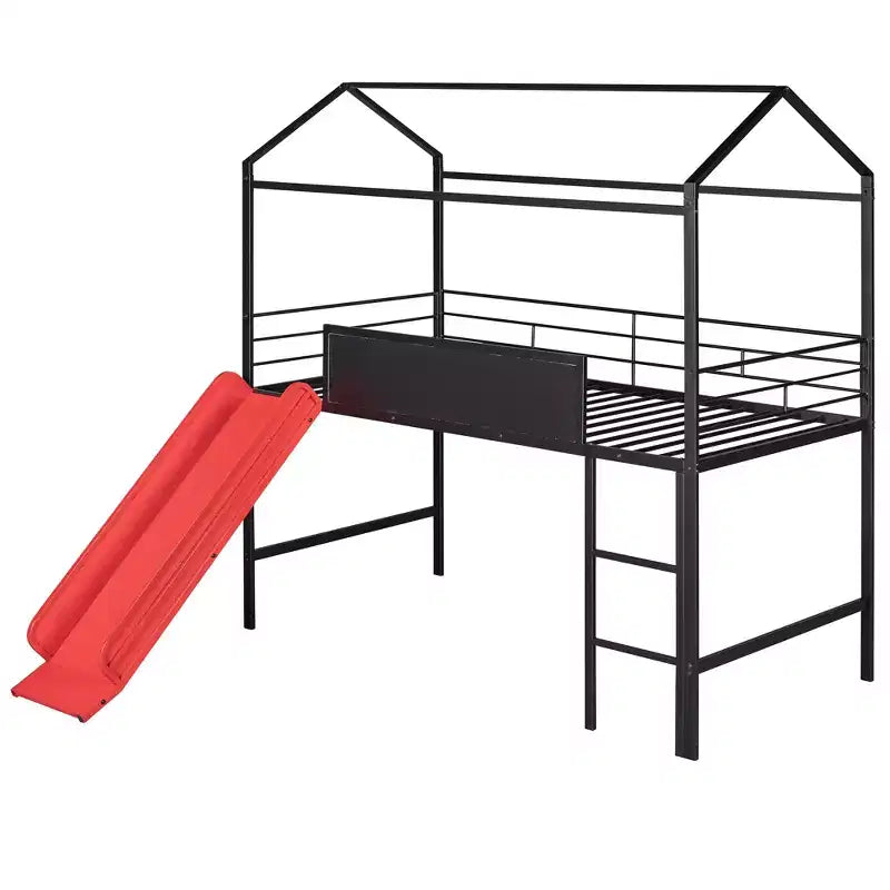 Letto a soppalco matrimoniale in metallo con scivolo e lavagna scrivibile - Nero / Nero+Rosso / Bianco – 1 bambino