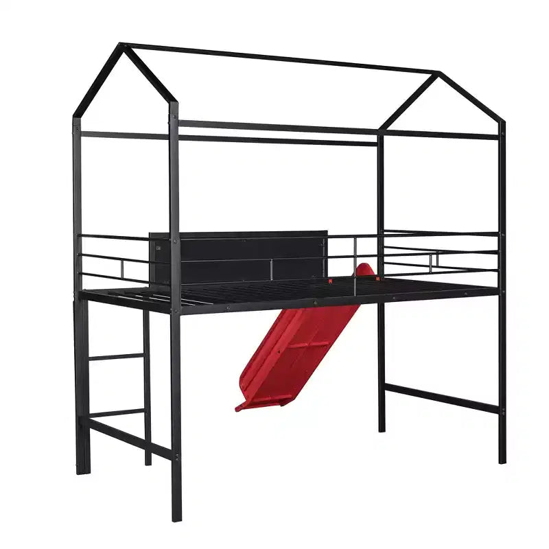 Letto a soppalco matrimoniale in metallo con scivolo e lavagna scrivibile - Nero / Nero+Rosso / Bianco – 1 bambino