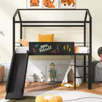 Letto a soppalco matrimoniale in metallo con scivolo e lavagna scrivibile - Nero / Nero+Rosso / Bianco – 1 bambino