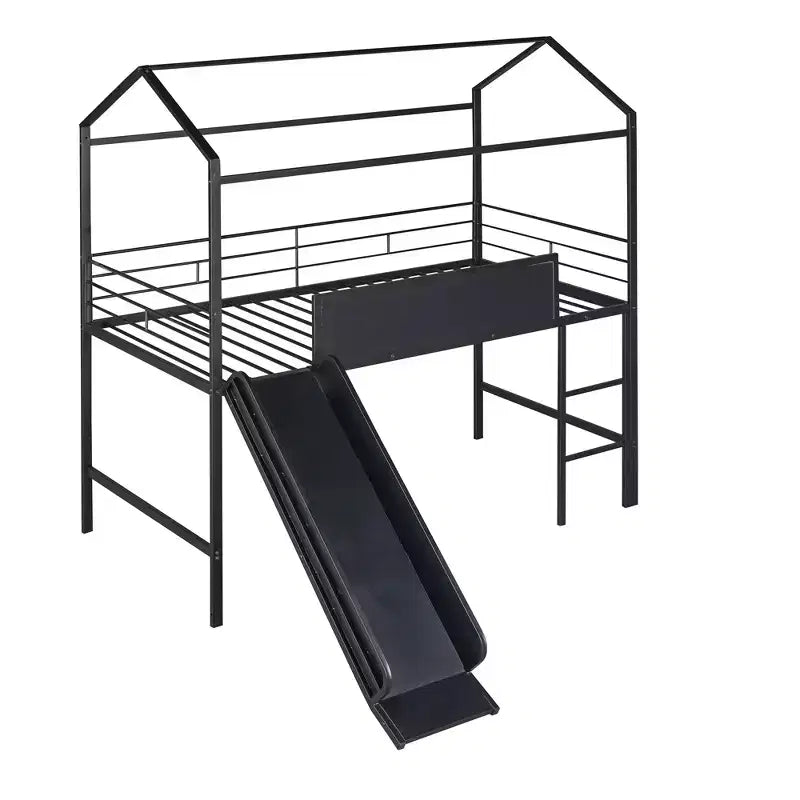 Letto a soppalco matrimoniale in metallo con scivolo e lavagna scrivibile - Nero / Nero+Rosso / Bianco – 1 bambino