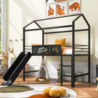 Twin Loft Bed with Slide Metal House Bed with Roof, Low Loft Bed with Writable Wooden Board for Kids Teens