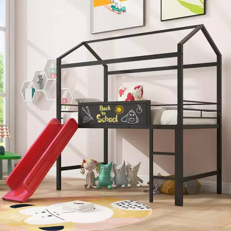Letto a soppalco matrimoniale in metallo con scivolo e lavagna scrivibile - Nero / Nero+Rosso / Bianco – 1 bambino