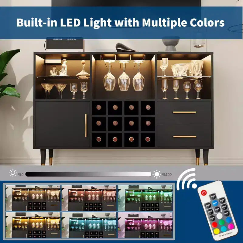 Mobile Bar Sottile Nero con Luci LED e Stazione di Ricarica, da Terra