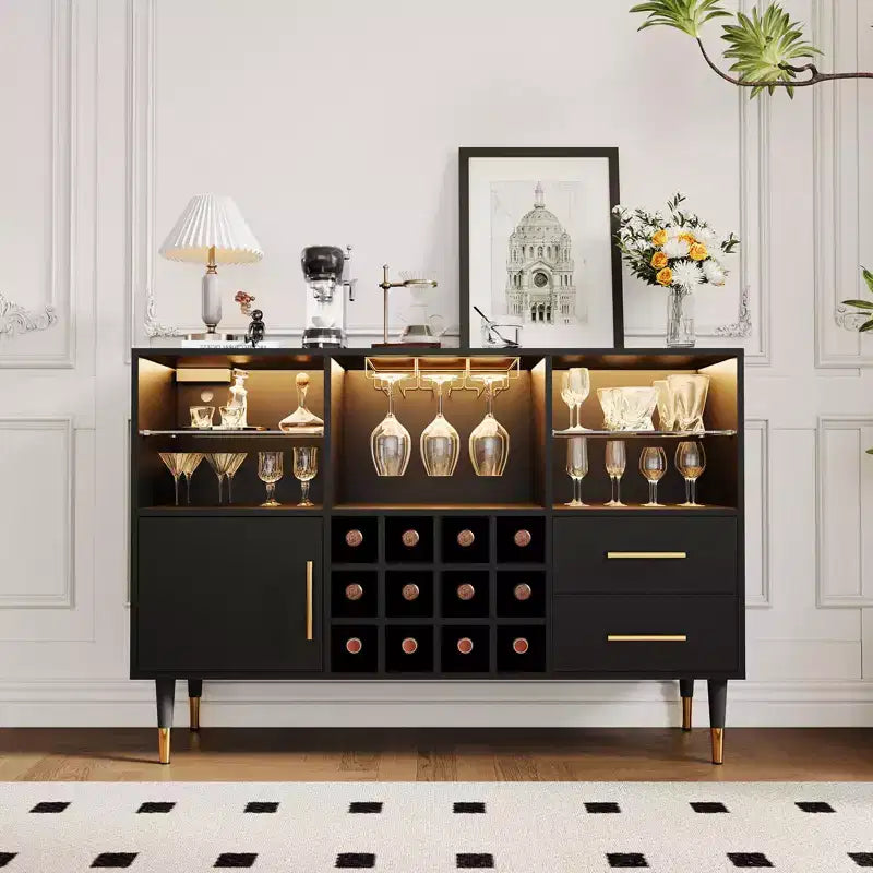 Mobile Bar Sottile Nero con Luci LED e Stazione di Ricarica, da Terra