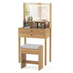 Costway Small Vanity Desk Makeup Table & Padded Stool Set w/ Charging Station Natural
