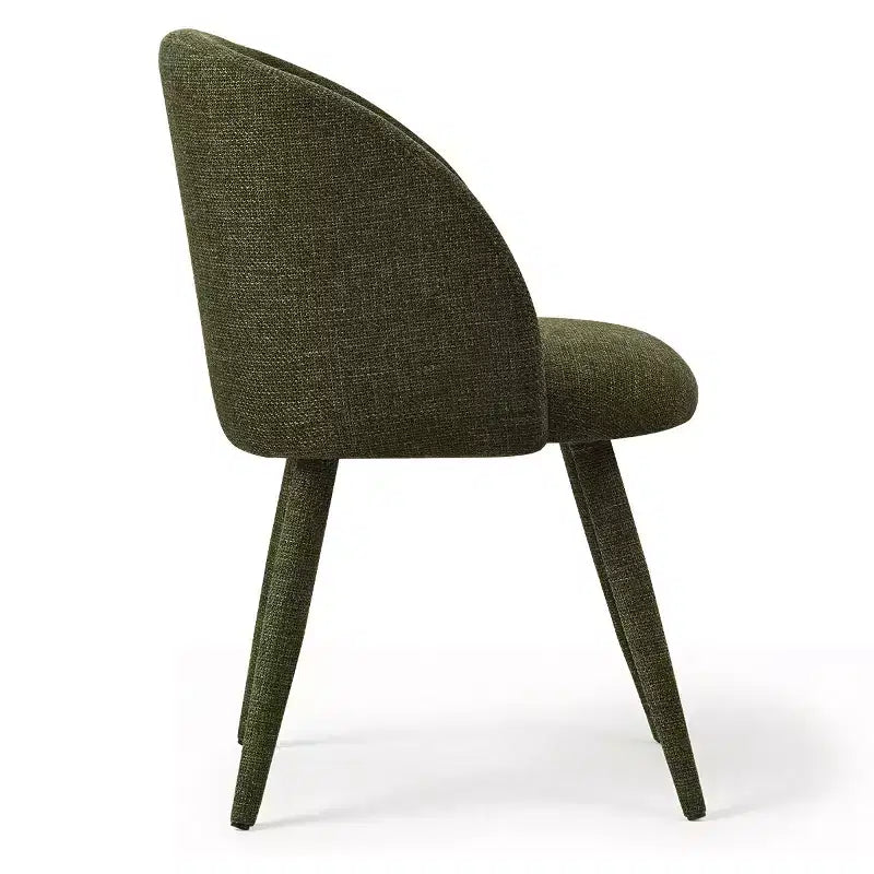 Sedia da pranzo senza braccioli imbottita in tessuto verde, schienale a botte, set da 2