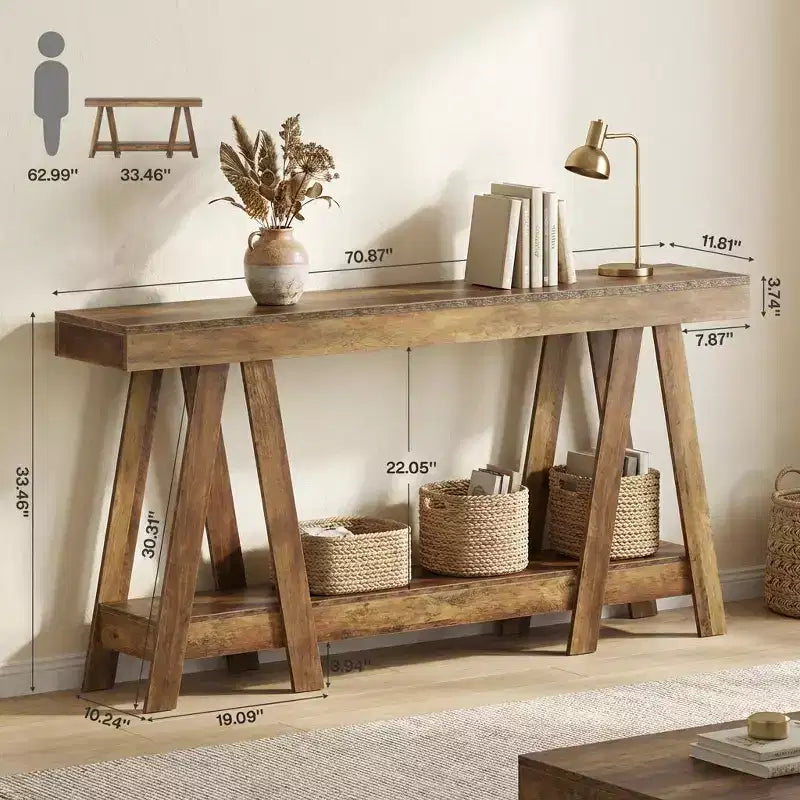 Tavolino finale a 2 ripiani con struttura ad A, beige, in MDF, montaggio da 1 persona