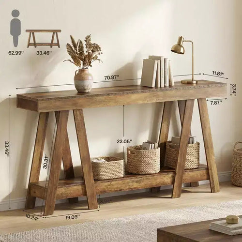 Tavolino finale a 2 ripiani con struttura ad A, beige, in MDF, montaggio da 1 persona