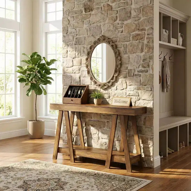 Tavolino finale a 2 ripiani con struttura ad A, beige, in MDF, montaggio da 1 persona