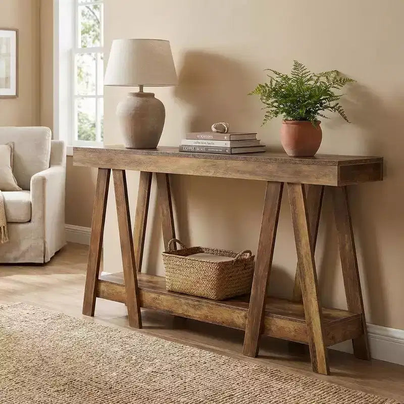 Tavolino finale a 2 ripiani con struttura ad A, beige, in MDF, montaggio da 1 persona