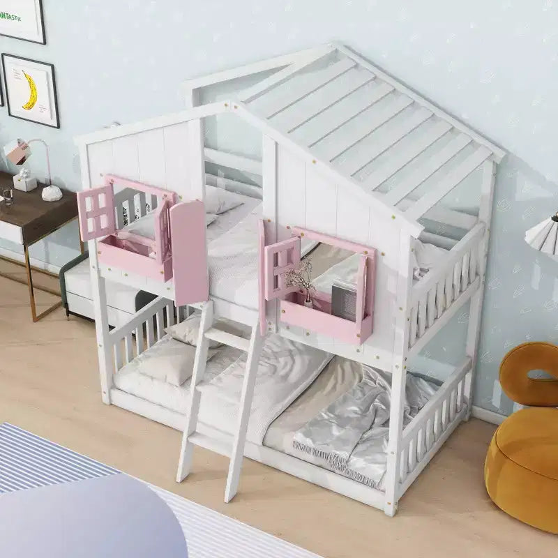 Letto a Castello a Casetta per Due Posti, Twin over Twin, con Tetto e Finestra, Grigio / Naturale&Bianco / Rosa&Bianco / Bianco