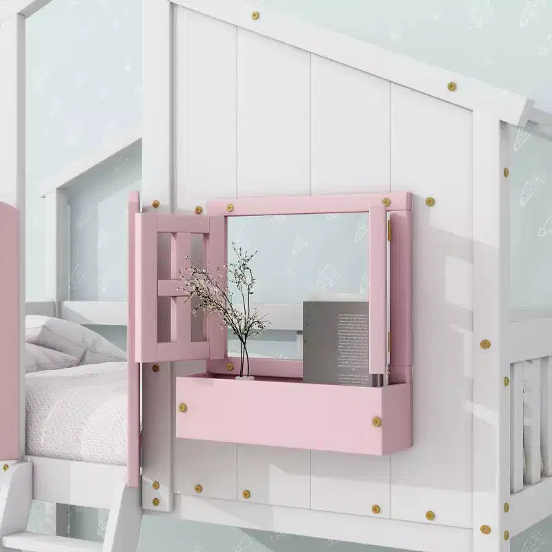 Letto a Castello a Casetta per Due Posti, Twin over Twin, con Tetto e Finestra, Grigio / Naturale&Bianco / Rosa&Bianco / Bianco