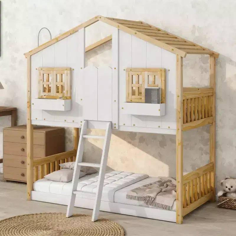 Letto a Castello a Casetta per Due Posti, Twin over Twin, con Tetto e Finestra, Grigio / Naturale&Bianco / Rosa&Bianco / Bianco