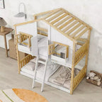 Letto a Castello a Casetta per Due Posti, Twin over Twin, con Tetto e Finestra, Grigio / Naturale&Bianco / Rosa&Bianco / Bianco