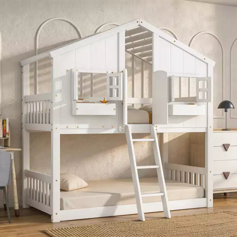 Letto a Castello a Casetta per Due Posti, Twin over Twin, con Tetto e Finestra, Grigio / Naturale&Bianco / Rosa&Bianco / Bianco