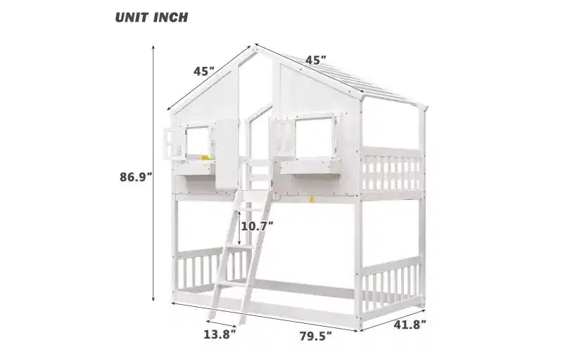 Letto a Castello a Casetta per Due Posti, Twin over Twin, con Tetto e Finestra, Grigio / Naturale&Bianco / Rosa&Bianco / Bianco