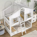 Letto a Castello a Casetta per Due Posti, Twin over Twin, con Tetto e Finestra, Grigio / Naturale&Bianco / Rosa&Bianco / Bianco