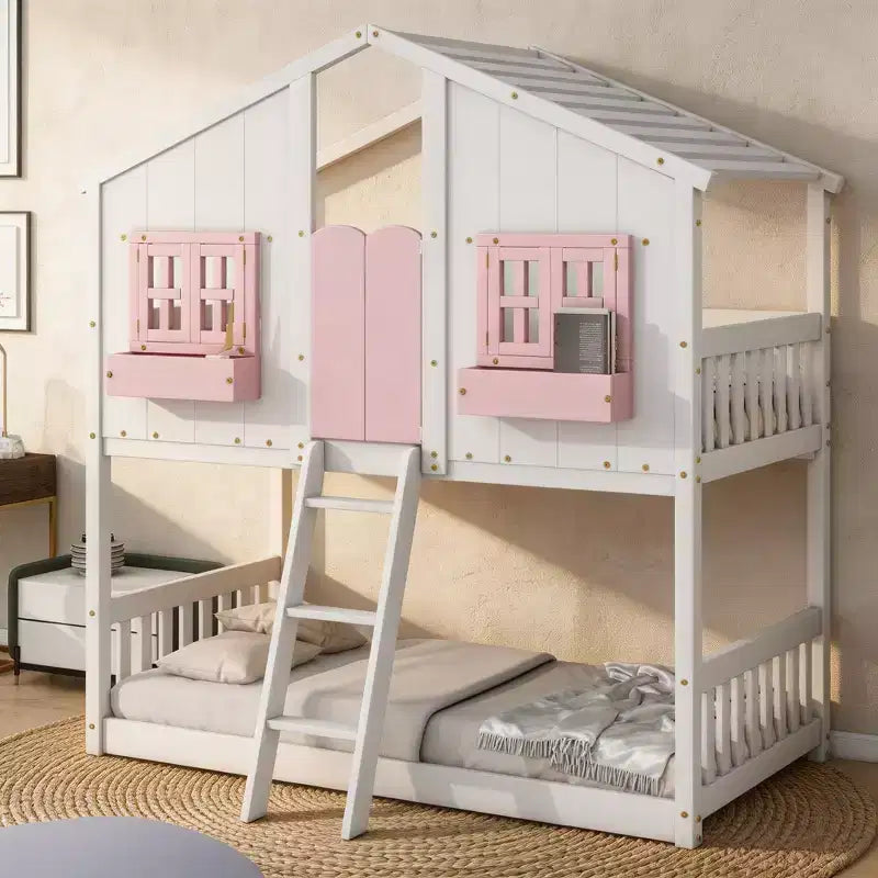 Letto a Castello a Casetta per Due Posti, Twin over Twin, con Tetto e Finestra, Grigio / Naturale&Bianco / Rosa&Bianco / Bianco
