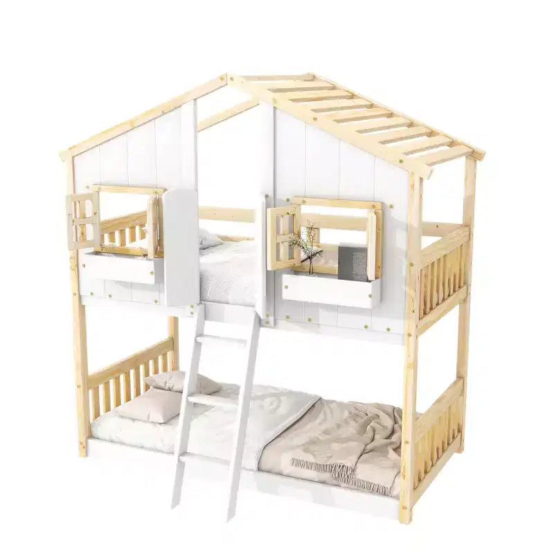 Letto a Castello a Casetta per Due Posti, Twin over Twin, con Tetto e Finestra, Grigio / Naturale&Bianco / Rosa&Bianco / Bianco