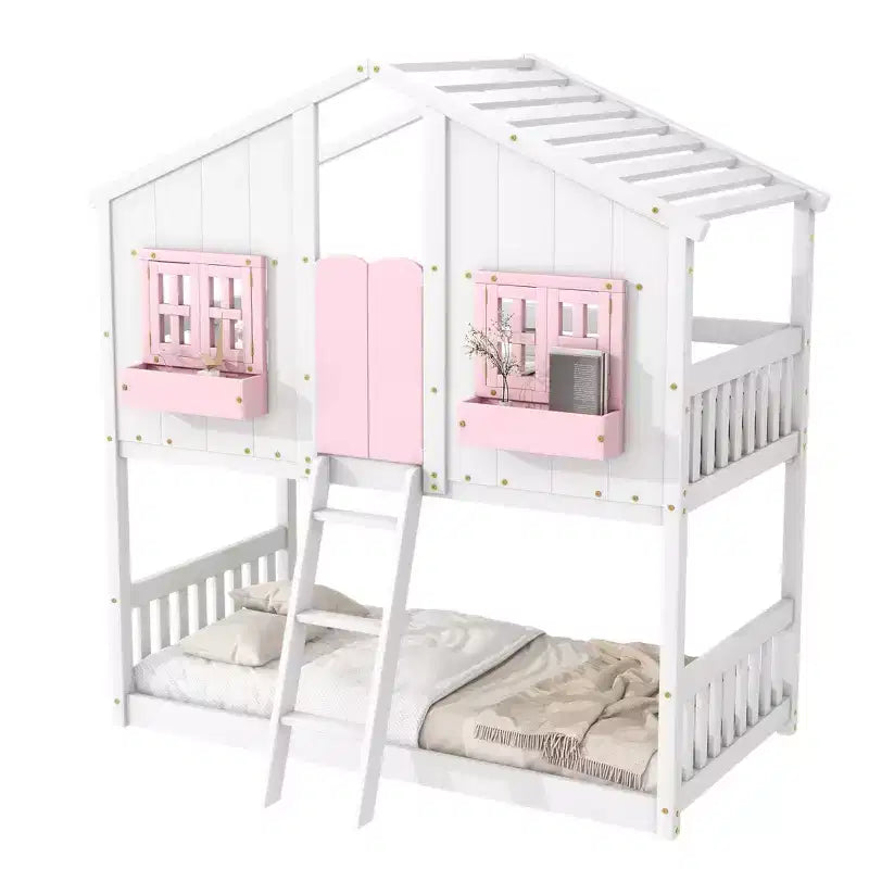 Letto a Castello a Casetta per Due Posti, Twin over Twin, con Tetto e Finestra, Grigio / Naturale&Bianco / Rosa&Bianco / Bianco