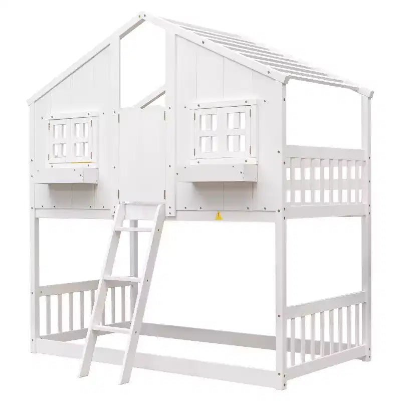 Letto a Castello a Casetta per Due Posti, Twin over Twin, con Tetto e Finestra, Grigio / Naturale&Bianco / Rosa&Bianco / Bianco