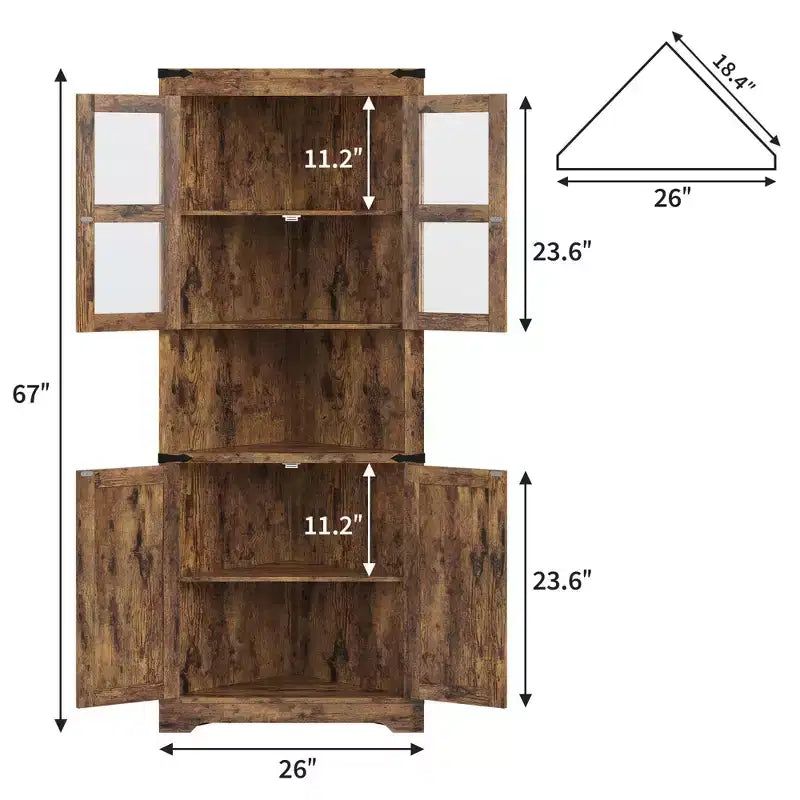 Credenza angolare alta grigio/marrone retrò, anta in vetro, 6 ripiani, montaggio da 1 persona