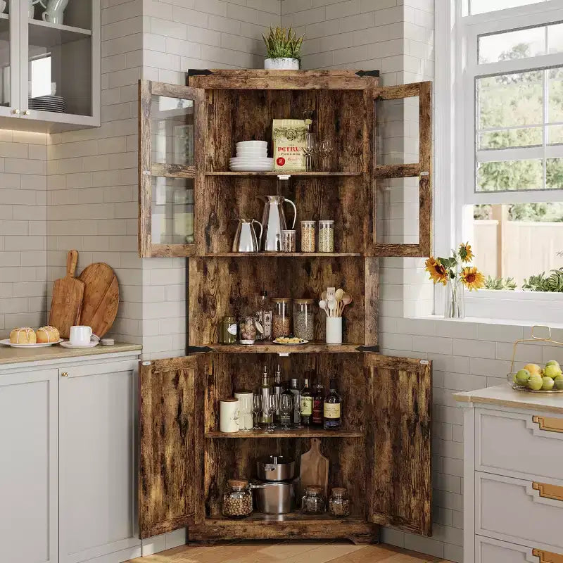 Credenza angolare alta grigio/marrone retrò, anta in vetro, 6 ripiani, montaggio da 1 persona