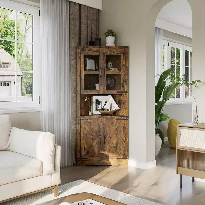 Credenza angolare alta grigio/marrone retrò, anta in vetro, 6 ripiani, montaggio da 1 persona