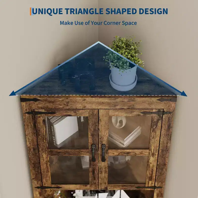 Credenza angolare alta grigio/marrone retrò, anta in vetro, 6 ripiani, montaggio da 1 persona