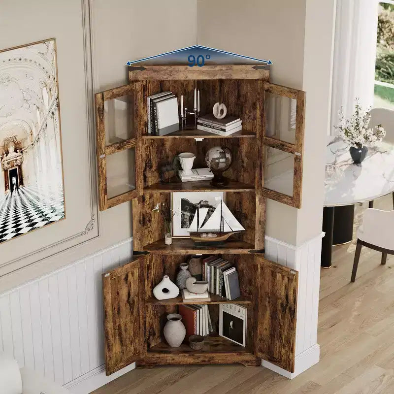 Credenza angolare alta grigio/marrone retrò, anta in vetro, 6 ripiani, montaggio da 1 persona
