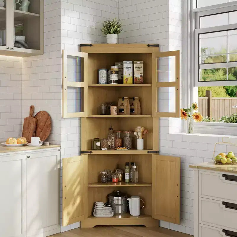 Credenza angolare alta grigio/marrone retrò, anta in vetro, 6 ripiani, montaggio da 1 persona