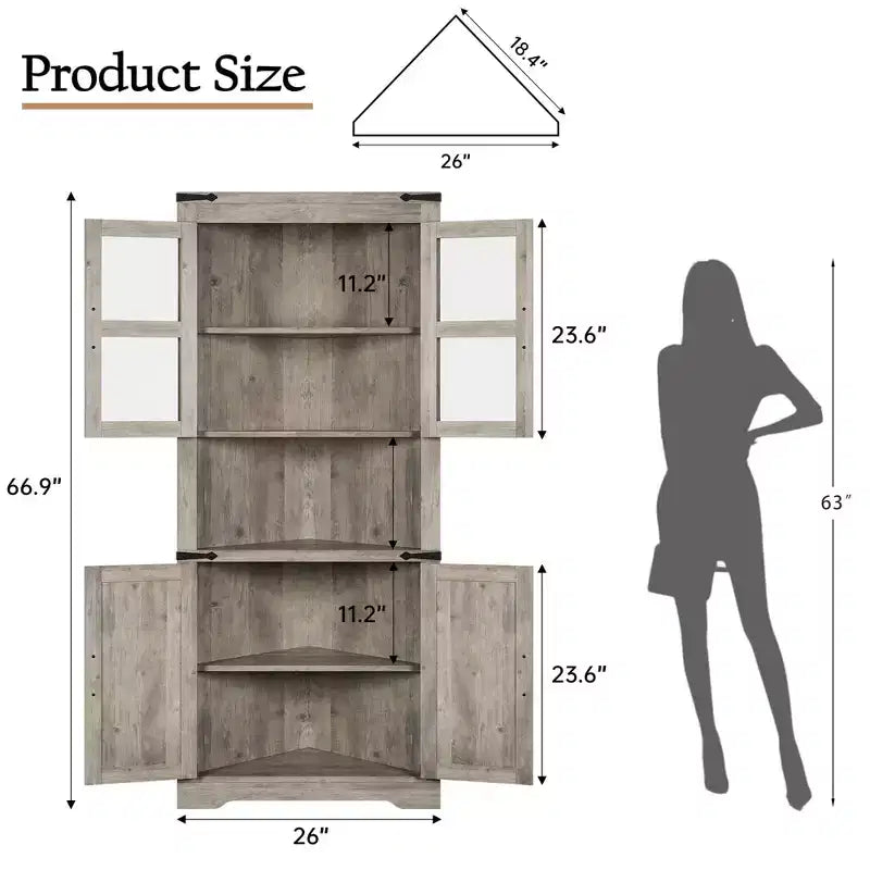 Credenza angolare alta grigio/marrone retrò, anta in vetro, 6 ripiani, montaggio da 1 persona