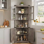 Credenza angolare alta grigio/marrone retrò, anta in vetro, 6 ripiani, montaggio da 1 persona