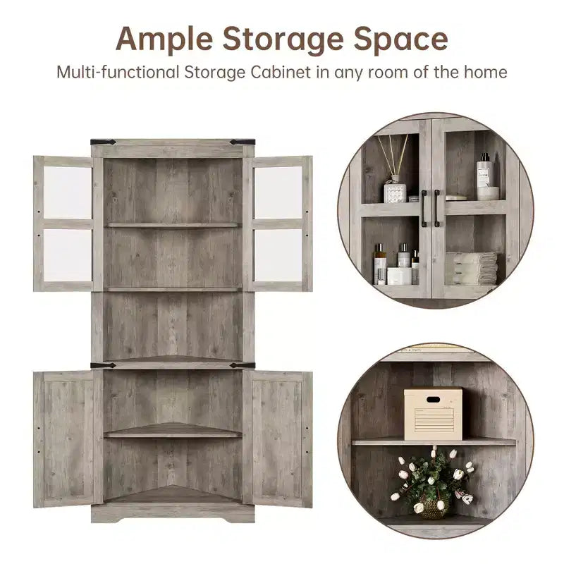 Credenza angolare alta grigio/marrone retrò, anta in vetro, 6 ripiani, montaggio da 1 persona