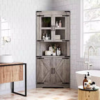 Credenza angolare alta grigio/marrone retrò, anta in vetro, 6 ripiani, montaggio da 1 persona