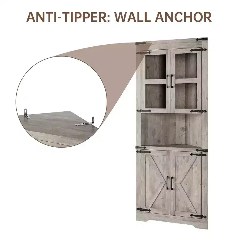 Credenza angolare alta grigio/marrone retrò, anta in vetro, 6 ripiani, montaggio da 1 persona