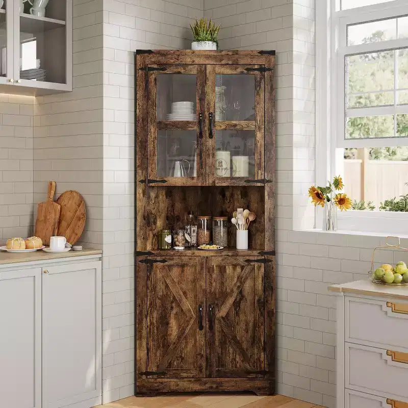 Credenza angolare alta grigio/marrone retrò, anta in vetro, 6 ripiani, montaggio da 1 persona