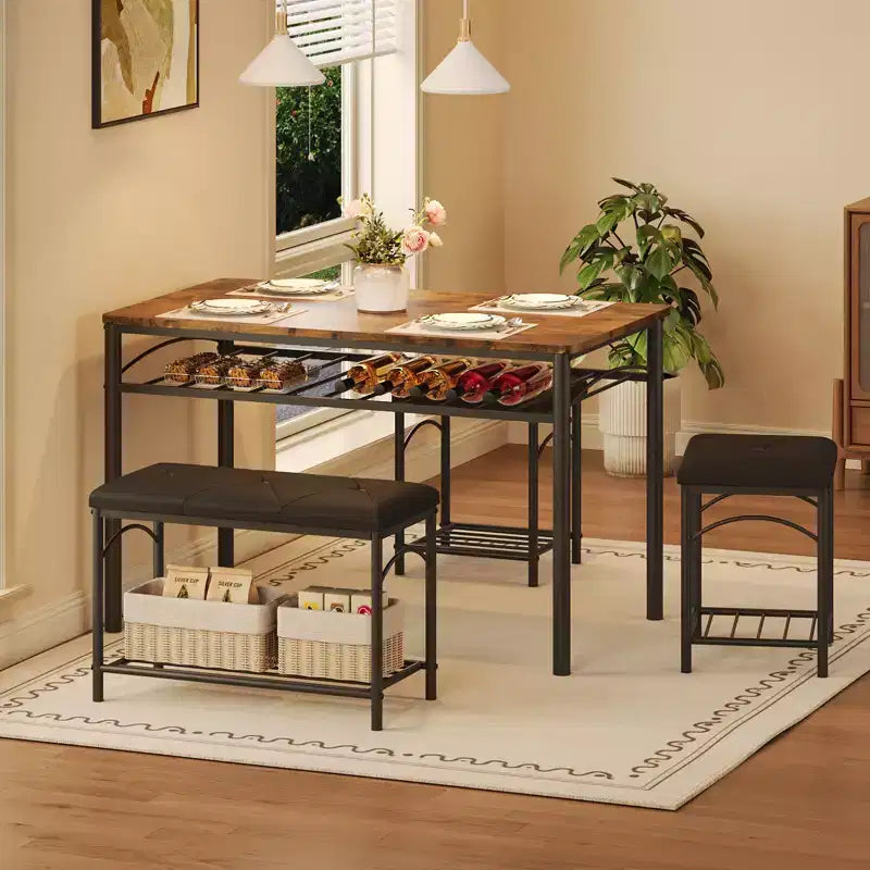 Set da pranzo in 4 pezzi in simil legno nero/marrone e metallo, 4 posti