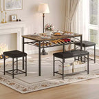 Set da pranzo in 4 pezzi in simil legno nero/marrone e metallo, 4 posti