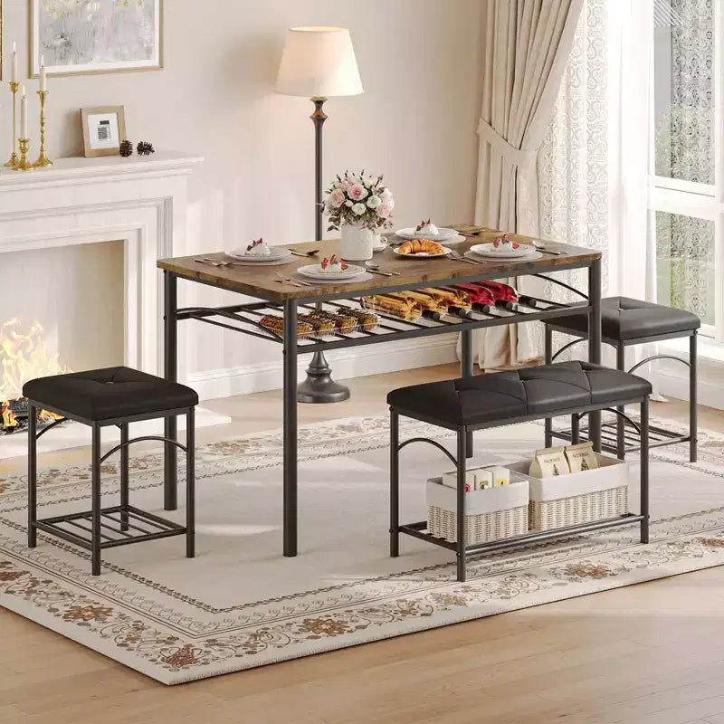 Set da pranzo in 4 pezzi in simil legno nero/marrone e metallo, 4 posti