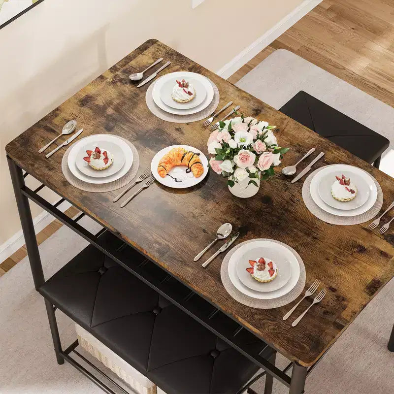 Set da pranzo in 4 pezzi in simil legno nero/marrone e metallo, 4 posti