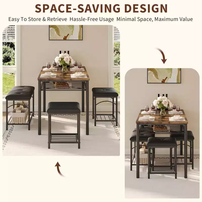 Set da pranzo in 4 pezzi in simil legno nero/marrone e metallo, 4 posti