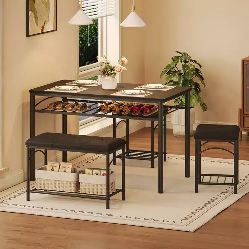 Set da pranzo in 4 pezzi in simil legno nero/marrone e metallo, 4 posti