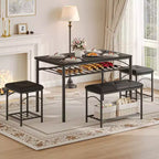 Set da pranzo in 4 pezzi in simil legno nero/marrone e metallo, 4 posti