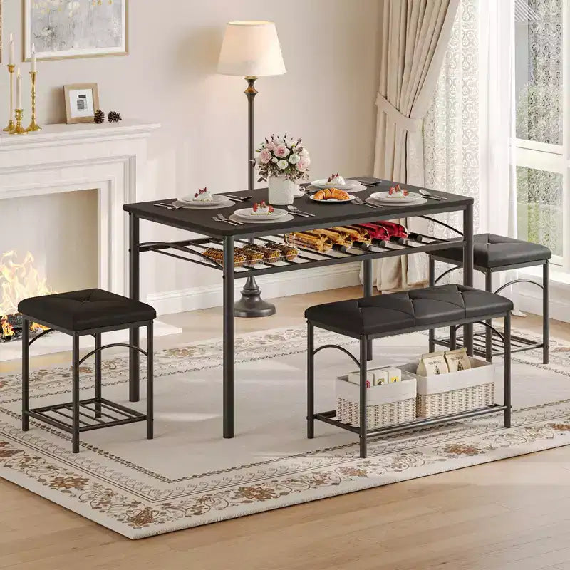 Set da pranzo in 4 pezzi in simil legno nero/marrone e metallo, 4 posti