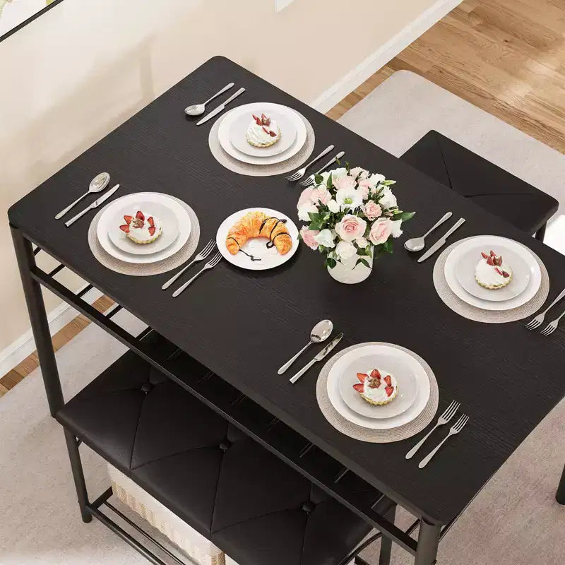 Set da pranzo in 4 pezzi in simil legno nero/marrone e metallo, 4 posti