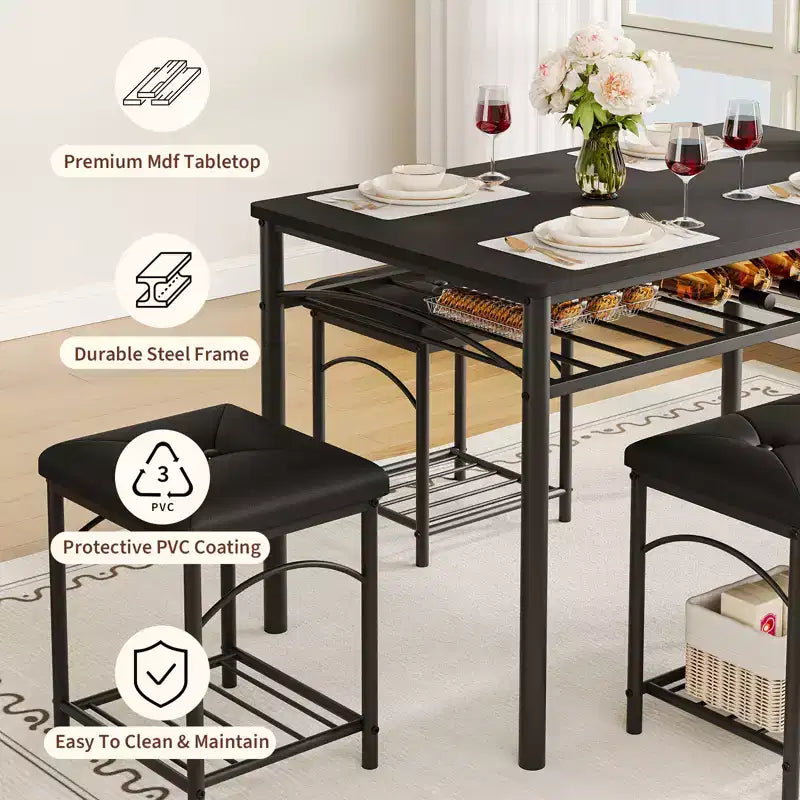 Set da pranzo in 4 pezzi in simil legno nero/marrone e metallo, 4 posti